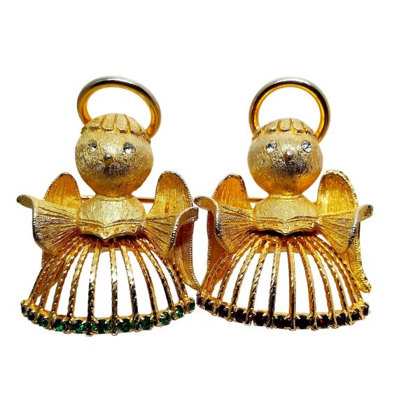 Small Rhinestone Angel Brooch Gold Tone Pair Cherub Pin Red Green Crystal - Picture 1 of 9